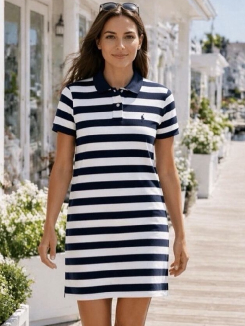 Polo Ralph Lauren mesh mini dress in navy and white stripe